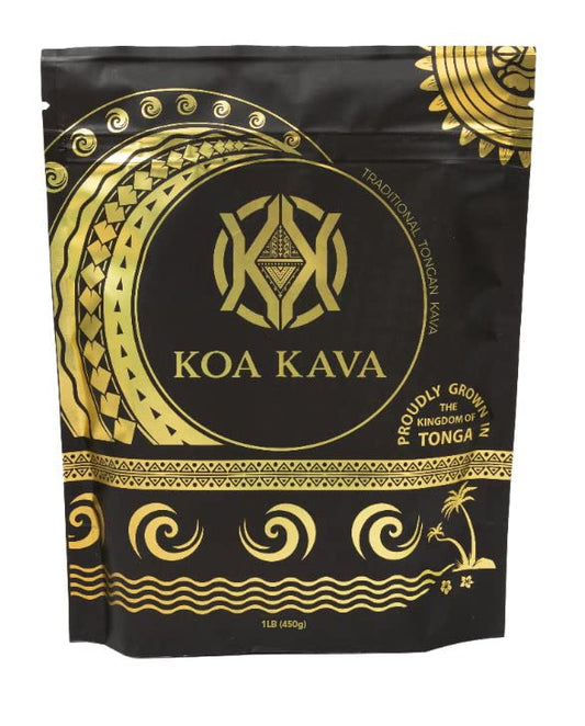 Koa Kava root powder bag highlighting authentic Tonga-sourced kava.
