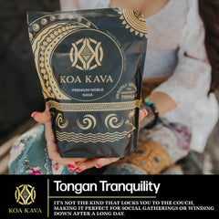 Close-up of Koa Kava root powder texture showing earthy aroma.