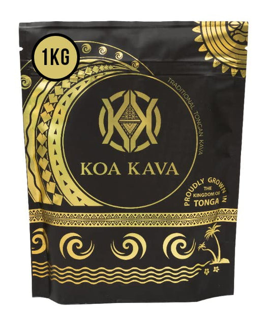 Koa Kava Tongan powder tea in a jar, smooth, balanced relaxation for evenings.