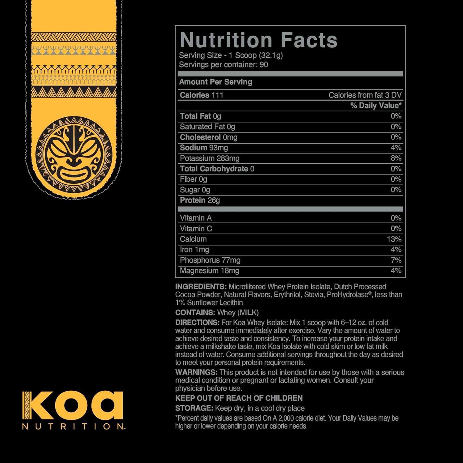 KOA Warrior Whey Isolate scoop showing high protein per serving for muscles.