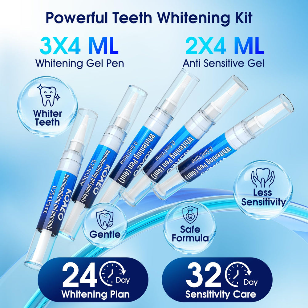 KOAEO packaging and accessories highlight a complete whitening system for home use