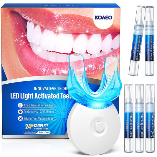 KOAEO Teeth Whitening Kit gel tubes ready for at-home whitening sessions