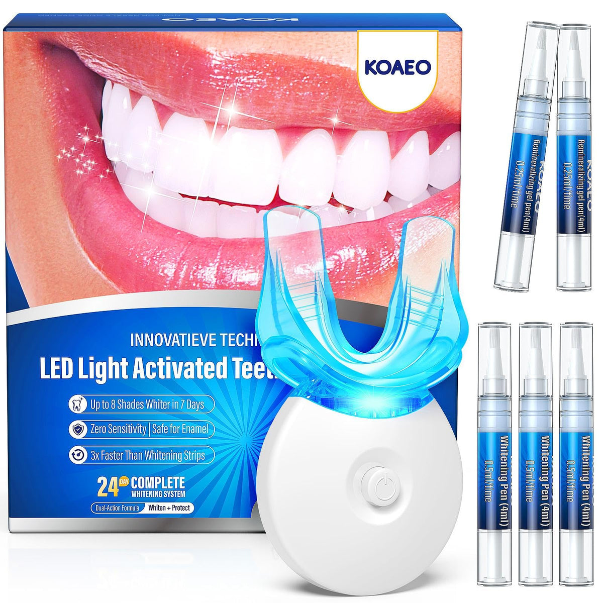 KOAEO teeth whitening pen showing the Twist-Apply-Activate routine for easy at-home whitening.