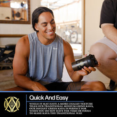 Pouring Koa Kava into a glass shows simple, on-the-go preparation.