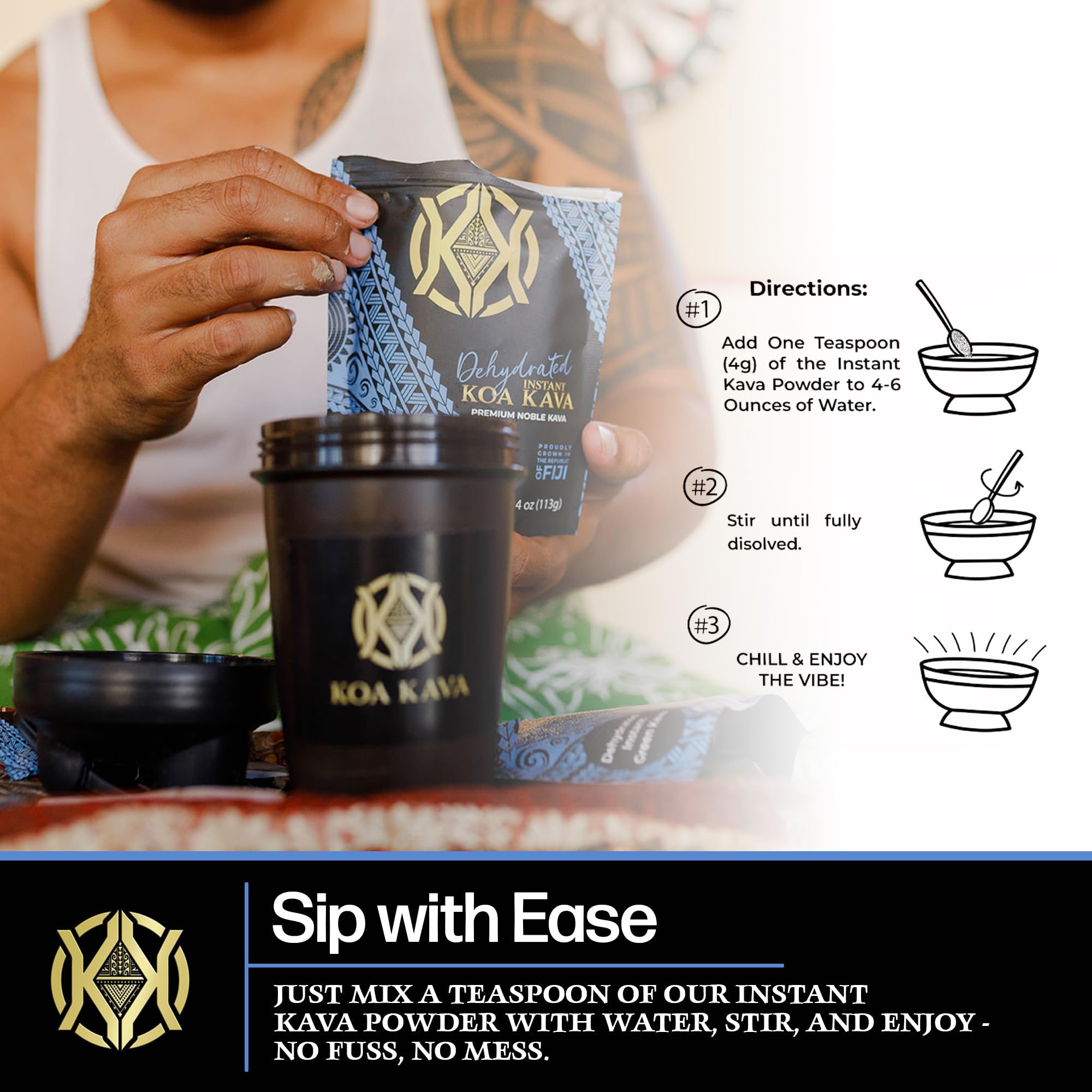 Close-up of Koa Kava powder jar highlights smooth texture and easy mix.