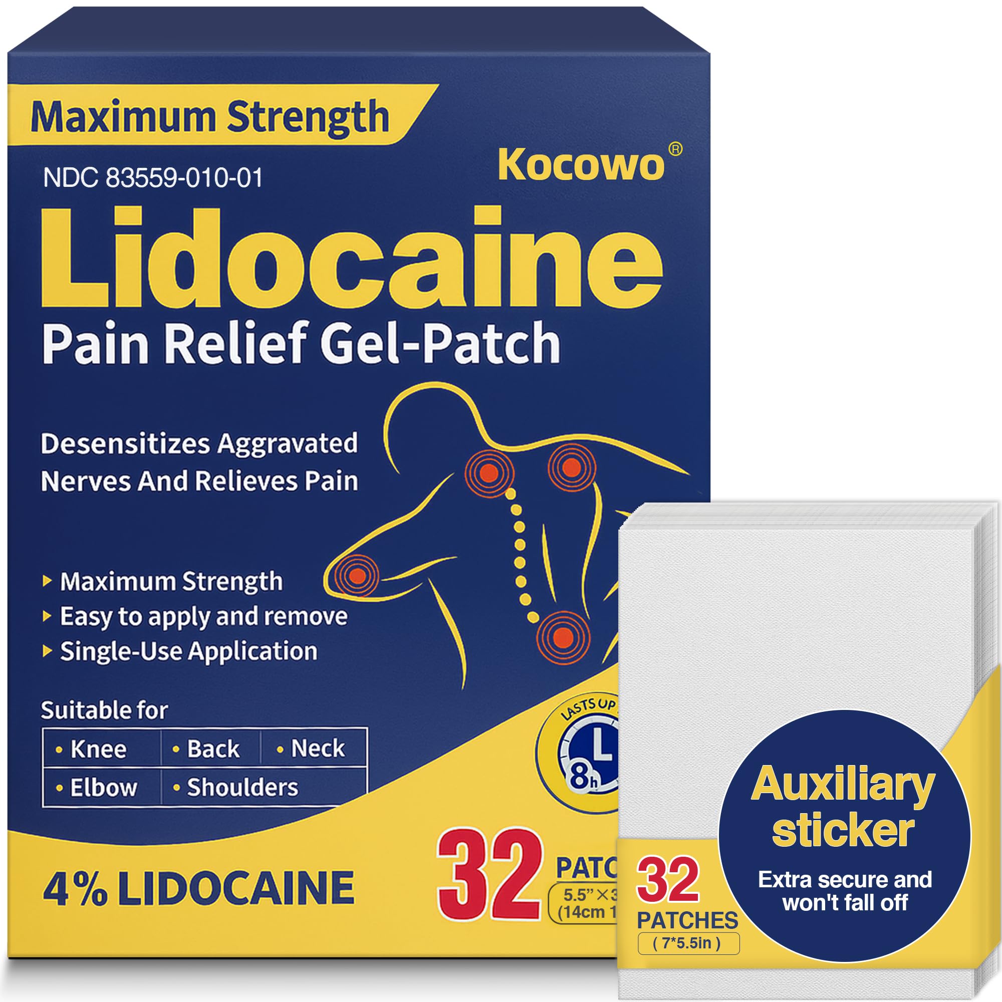 Kocowo 4% lidocaine patch box delivers fast, targeted relief for muscles and joints.