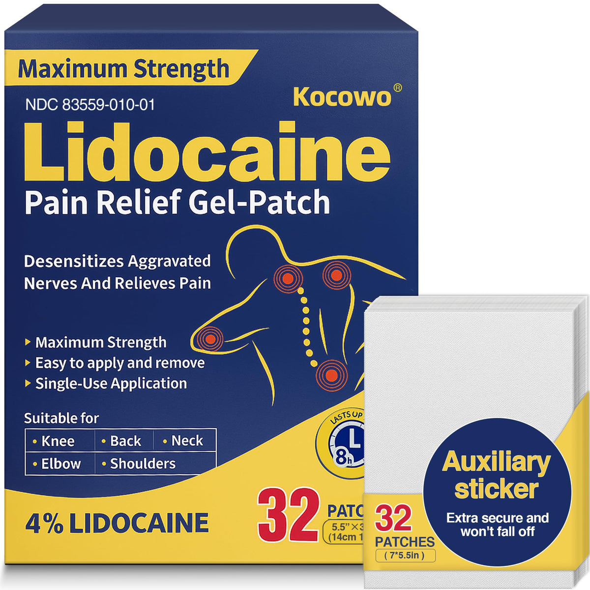 Kocowo 4% lidocaine patch box delivers fast, targeted relief for muscles and joints.