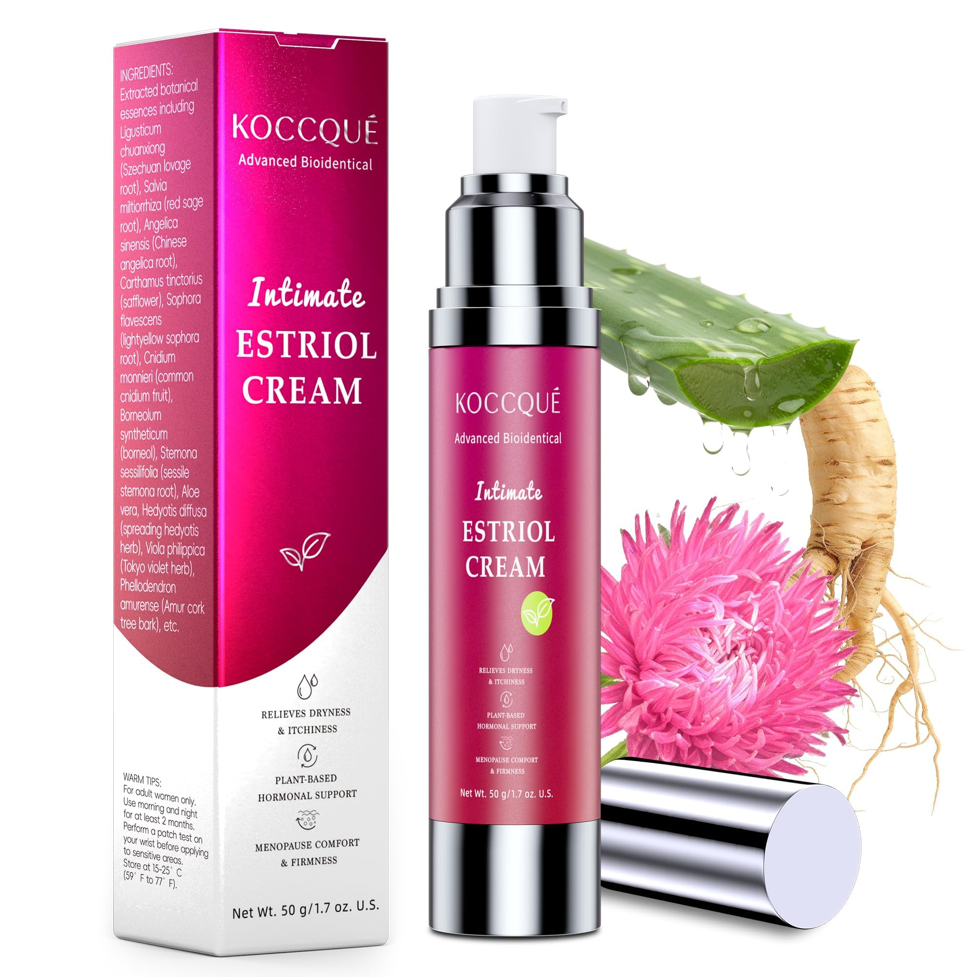 KOCCQUE Estriol Cream bottle for quick, non-greasy intimate relief.