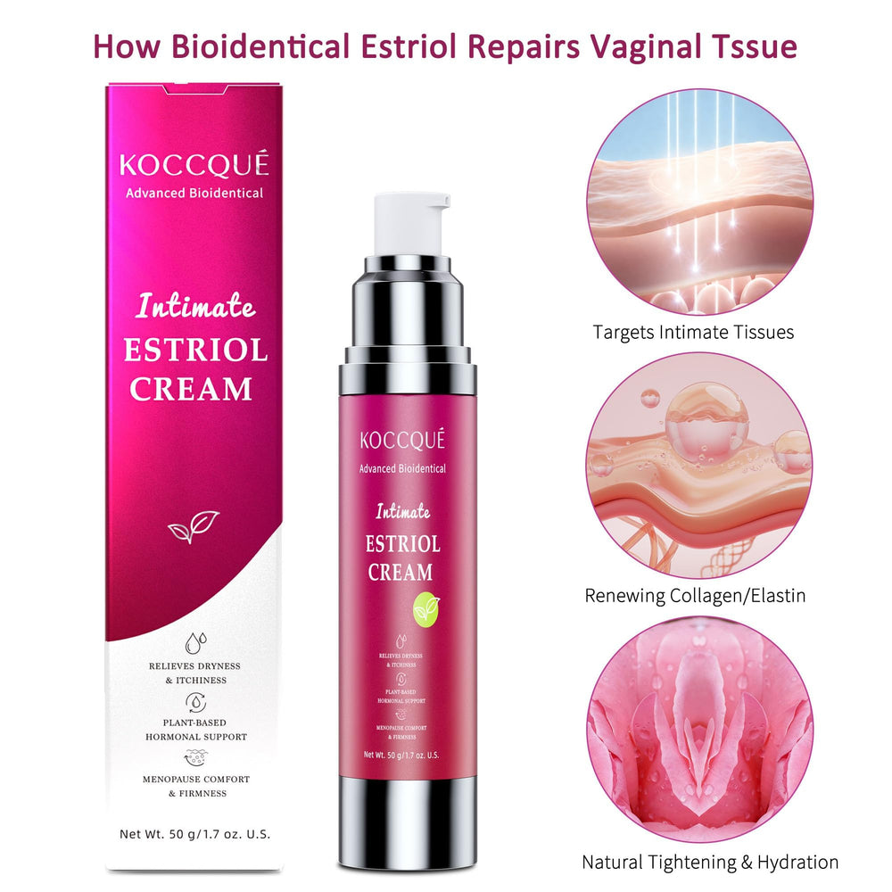 KOCCQUE Estriol Cream bottle with pump demonstrates controlled dispensing.
