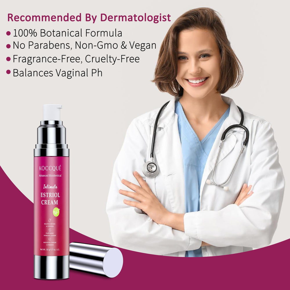KOCCQUE Estriol Cream packaging emphasizes clean, plant-based formulation.