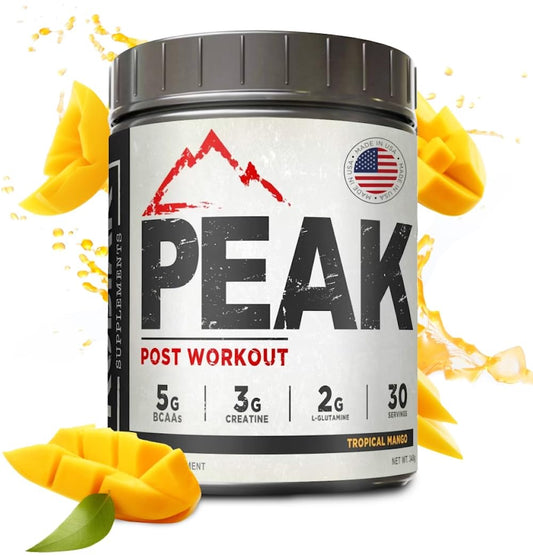 Kodiak Supplements Peak Post Workout bottle displaying tropical mango flavor and label