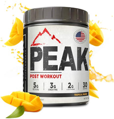 Kodiak Supplements Peak Post Workout bottle displaying tropical mango flavor and label