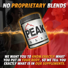 Close-up of Peak Post Workout tub label showing BCAA 2:1:1 and creatine