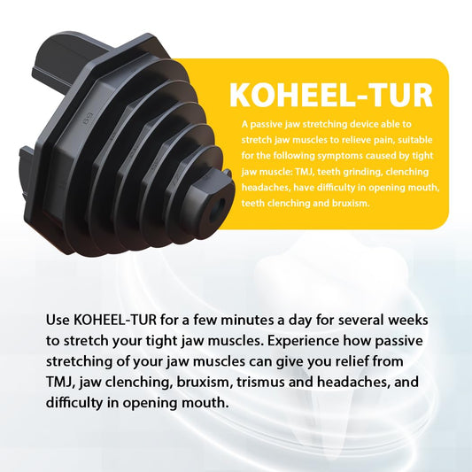 KOHEEL-TUR usage steps demonstrating placement, stretch, and repeat for relief.