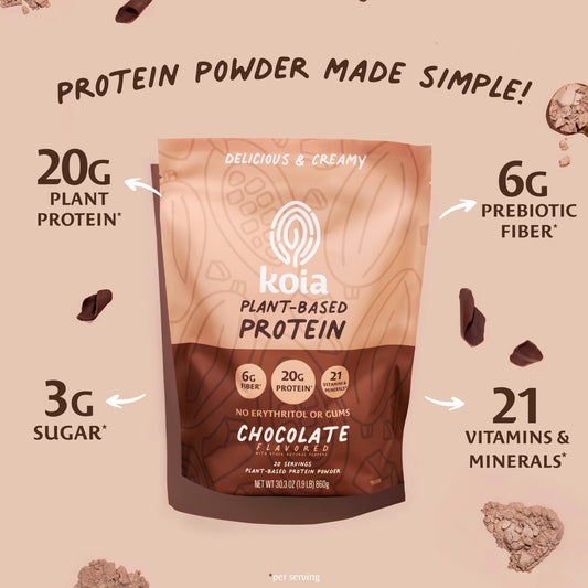 Pouring Koia chocolate protein shake showing creamy texture for pre or post workout