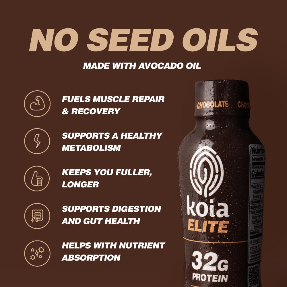 Koia Elite Chocolate Shake with avocado oil for smooth texture.