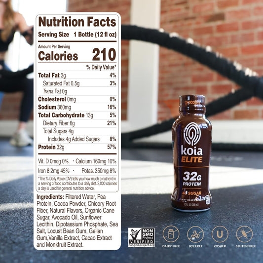 Koia Elite Chocolate Shake visible label highlighting protein content.