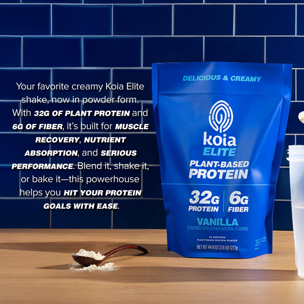 Koia protein shake glass with scoop ready for pre- or post-workout use.