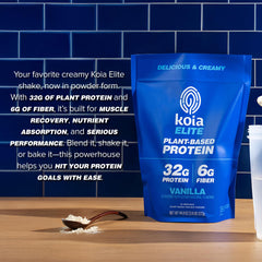 Koia protein shake glass with scoop ready for pre- or post-workout use.