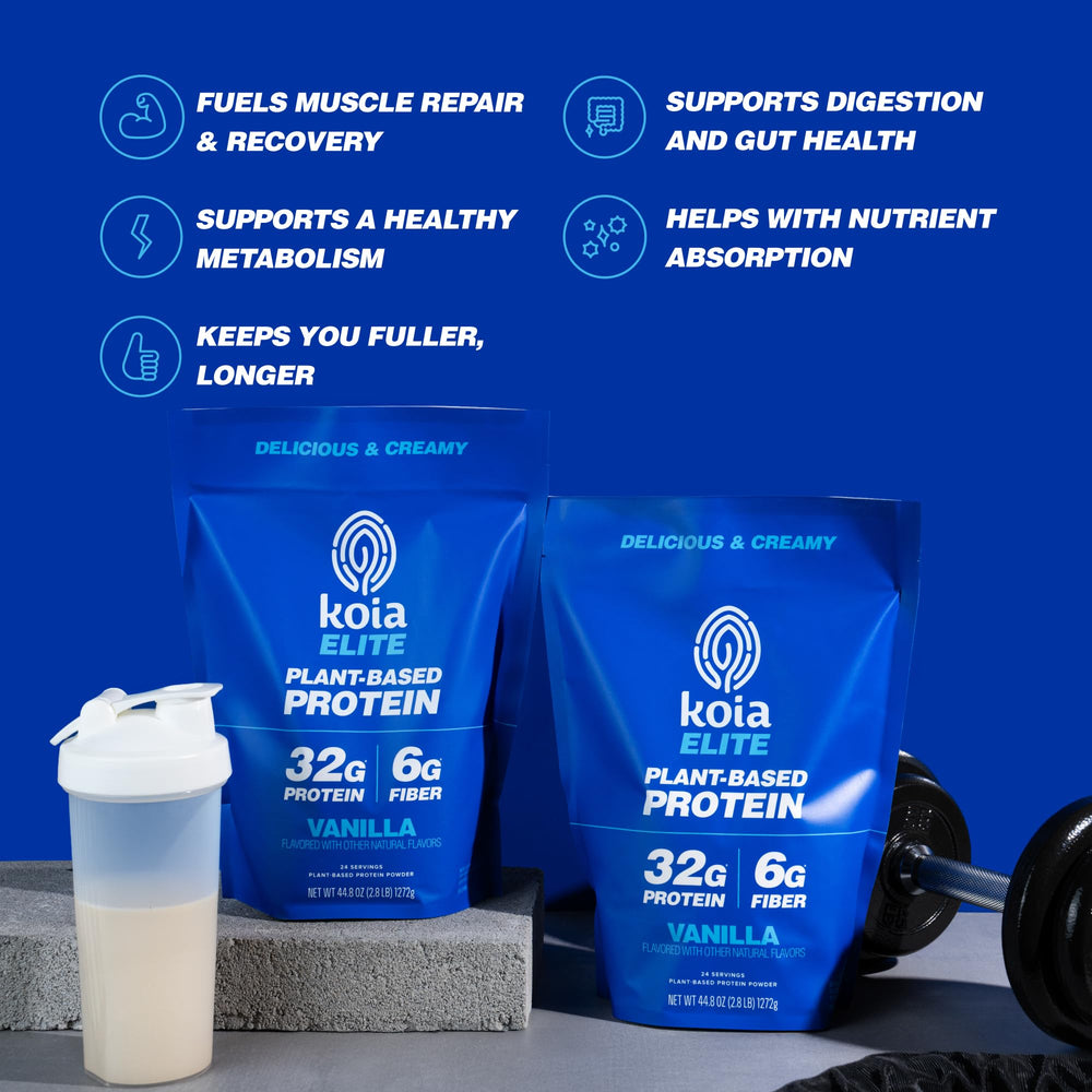Koia vanilla protein powder bottle and label showcasing dairy-free, gluten-free formula.
