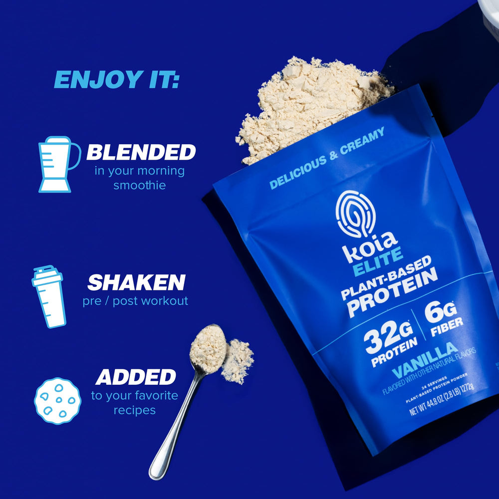 Koia vanilla protein powder nutrition facts panel emphasizes balanced nutrition.