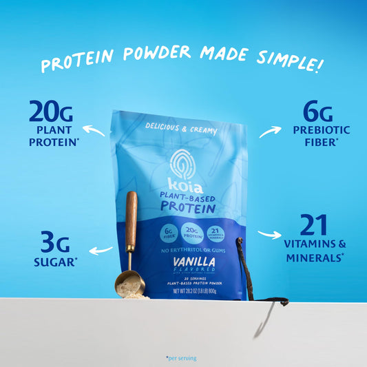 Koia vanilla protein powder scoop beside smoothie glass for daily protein