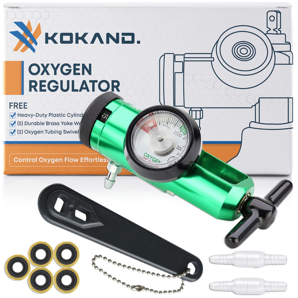 KOKAND oxygen regulator gauge view shows precise 0–15 LPM control.