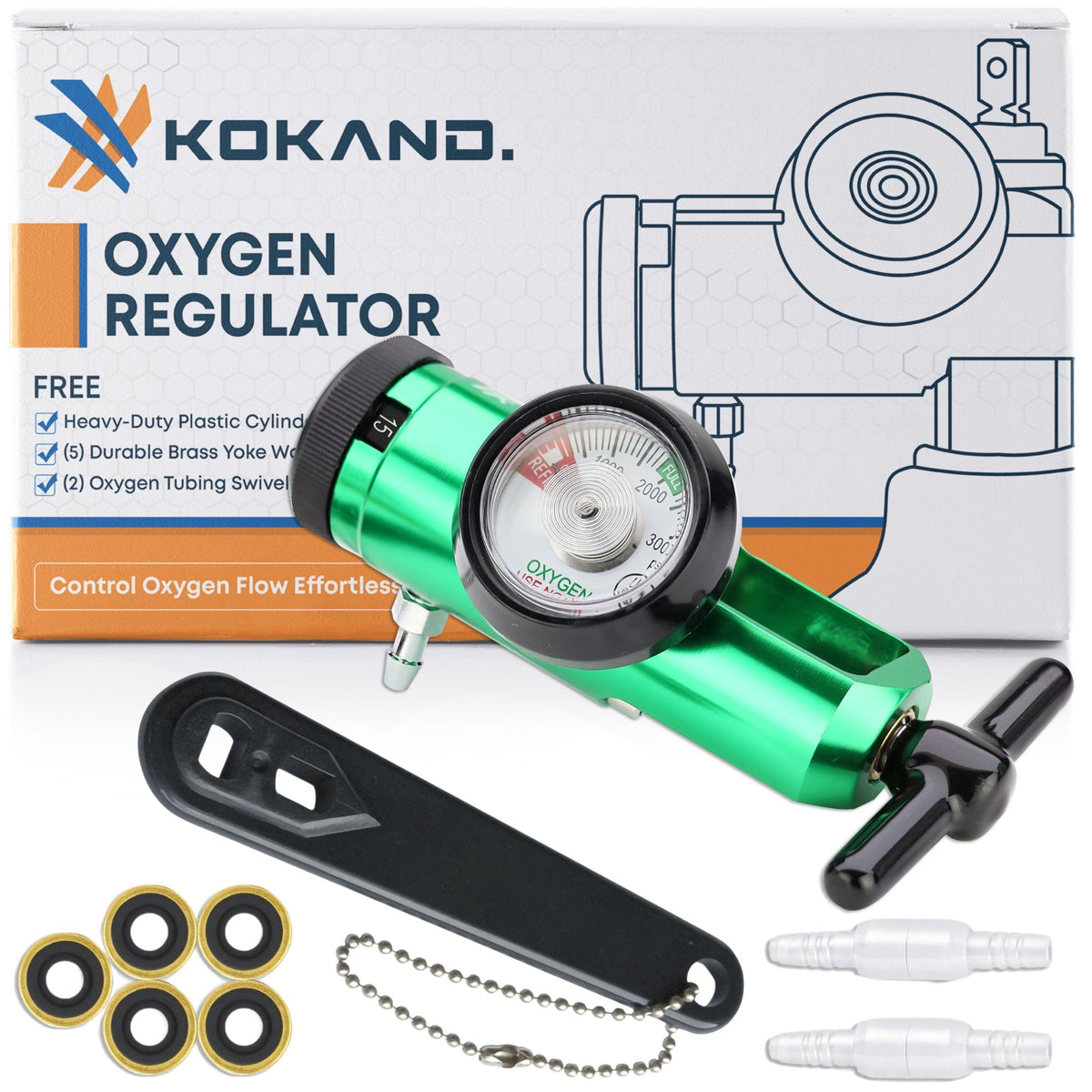 KOKAND oxygen regulator gauge view shows precise 0–15 LPM control.