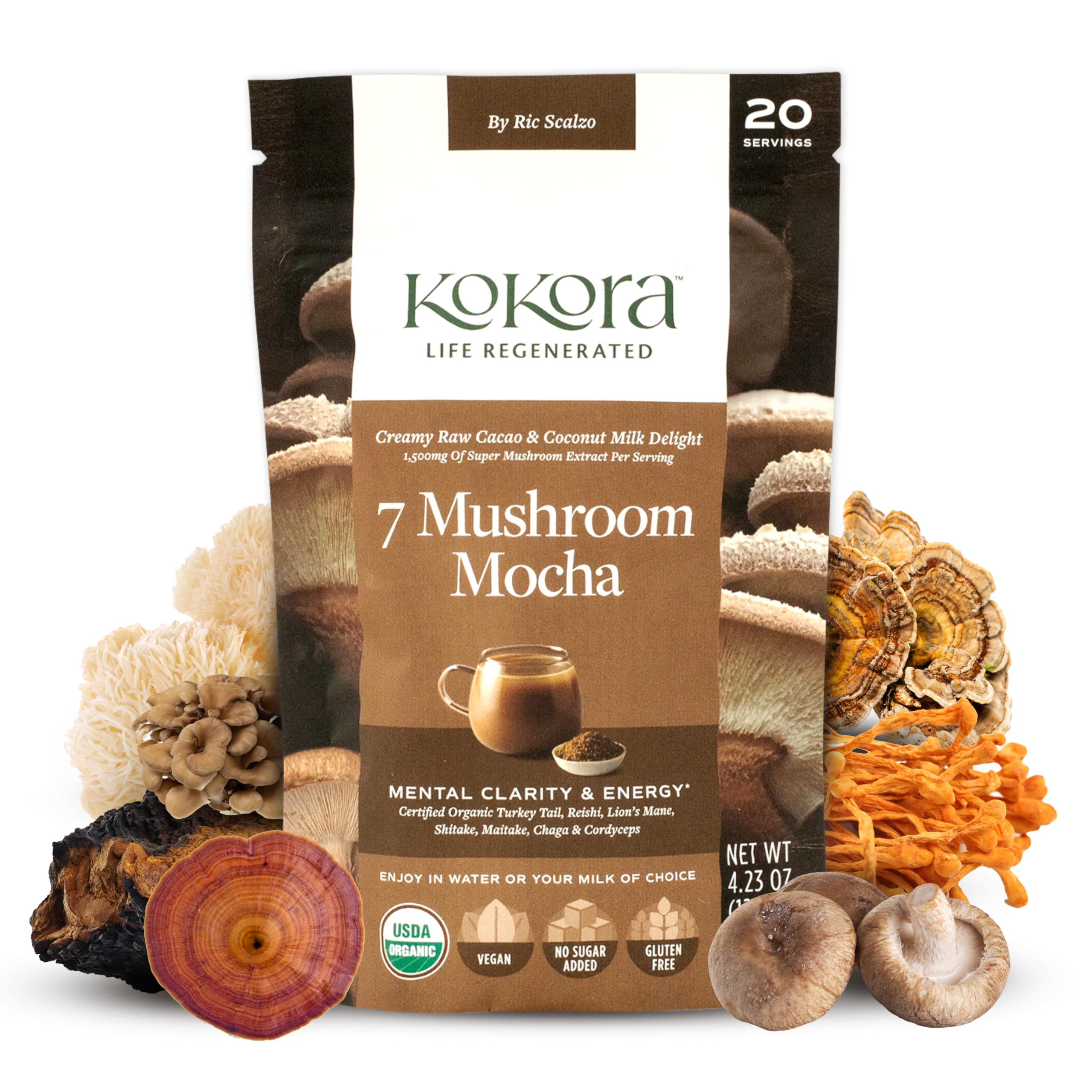 Kokora 7 Mushroom Mocha bottle front view, supports steady energy throughout the day.