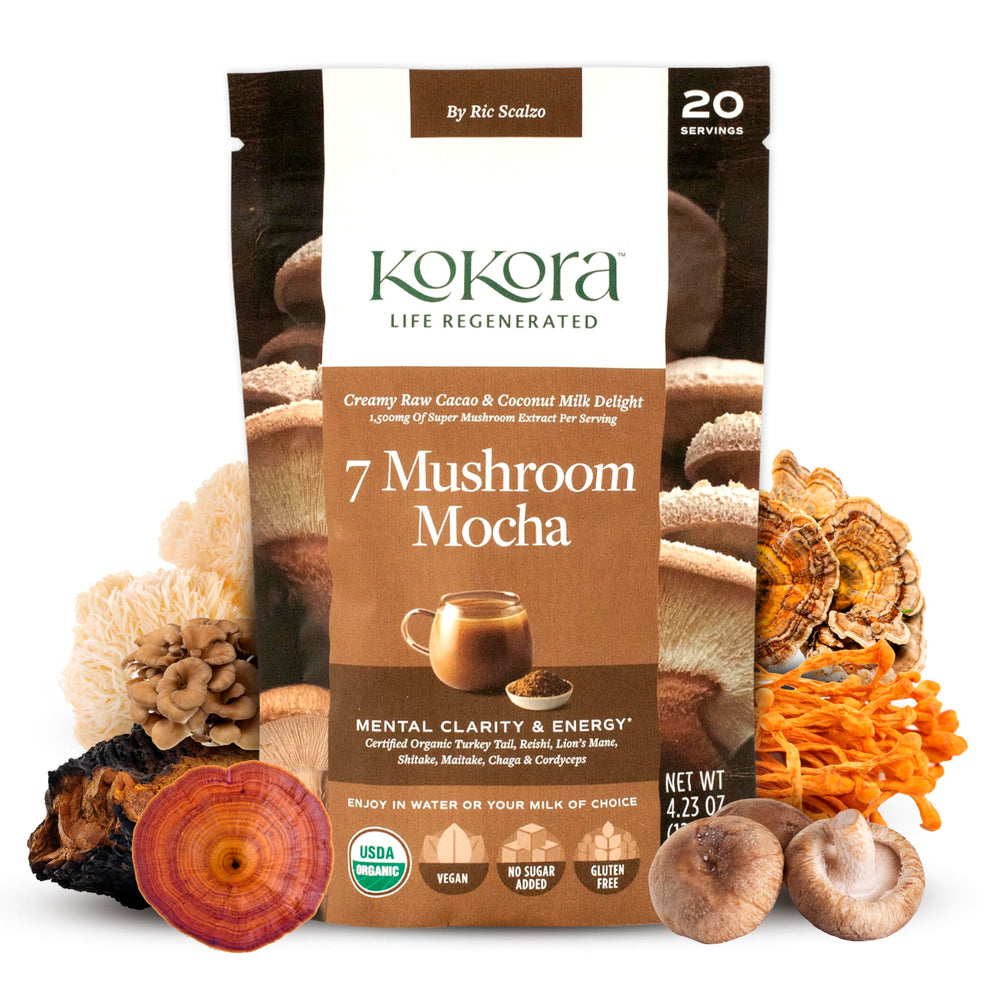 Kokora 7 Mushroom Mocha bottle front view, supports steady energy throughout the day.