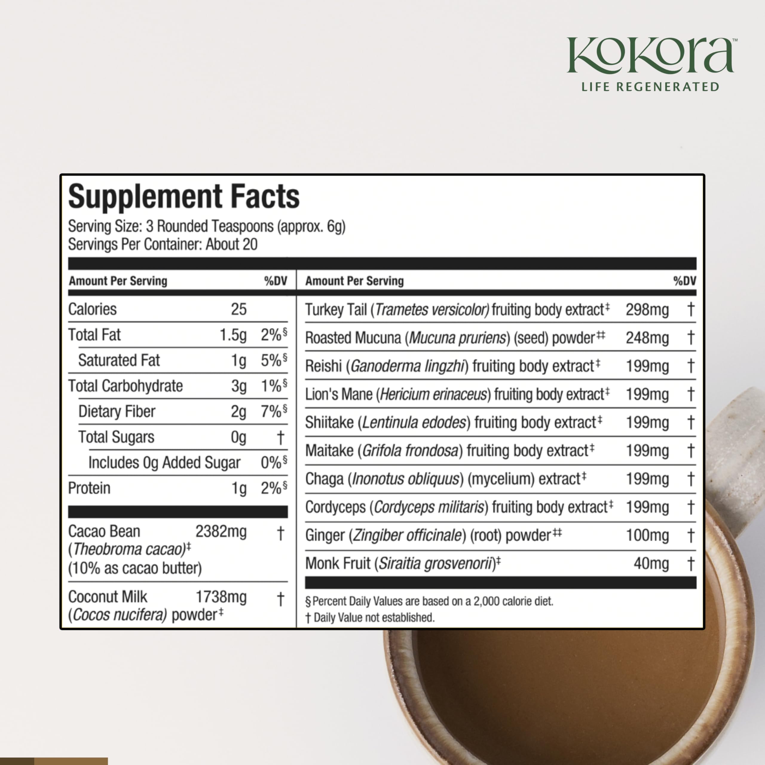 Kokora 7 Mushroom Mocha cup with steam, enhances focus for work or study.