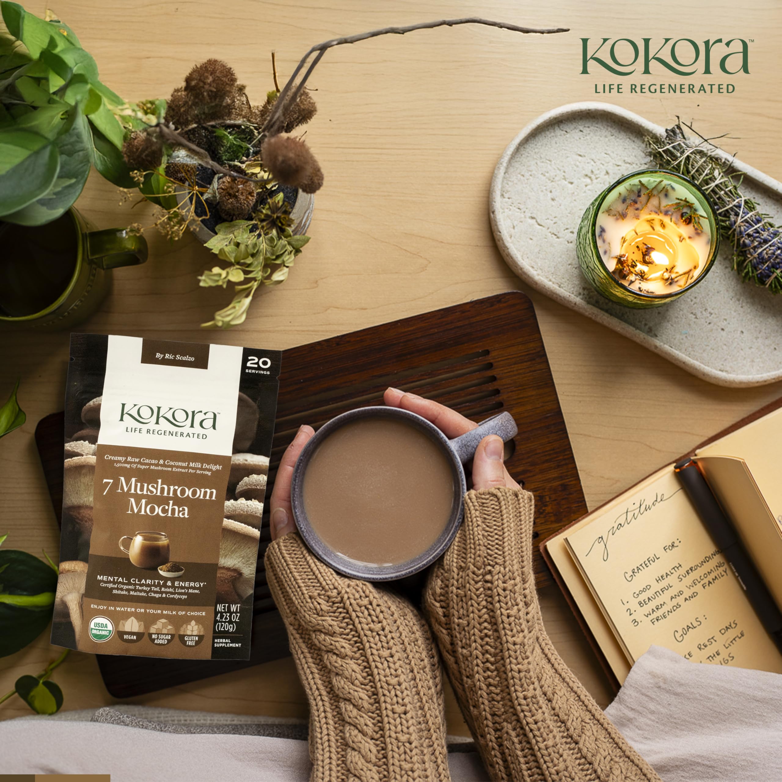 Kokora 7 Mushroom Mocha ingredients graphic, featuring ginger root and monk fruit.