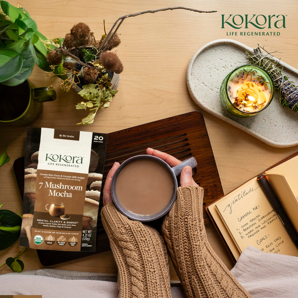 Kokora 7 Mushroom Mocha ingredients graphic, featuring ginger root and monk fruit.