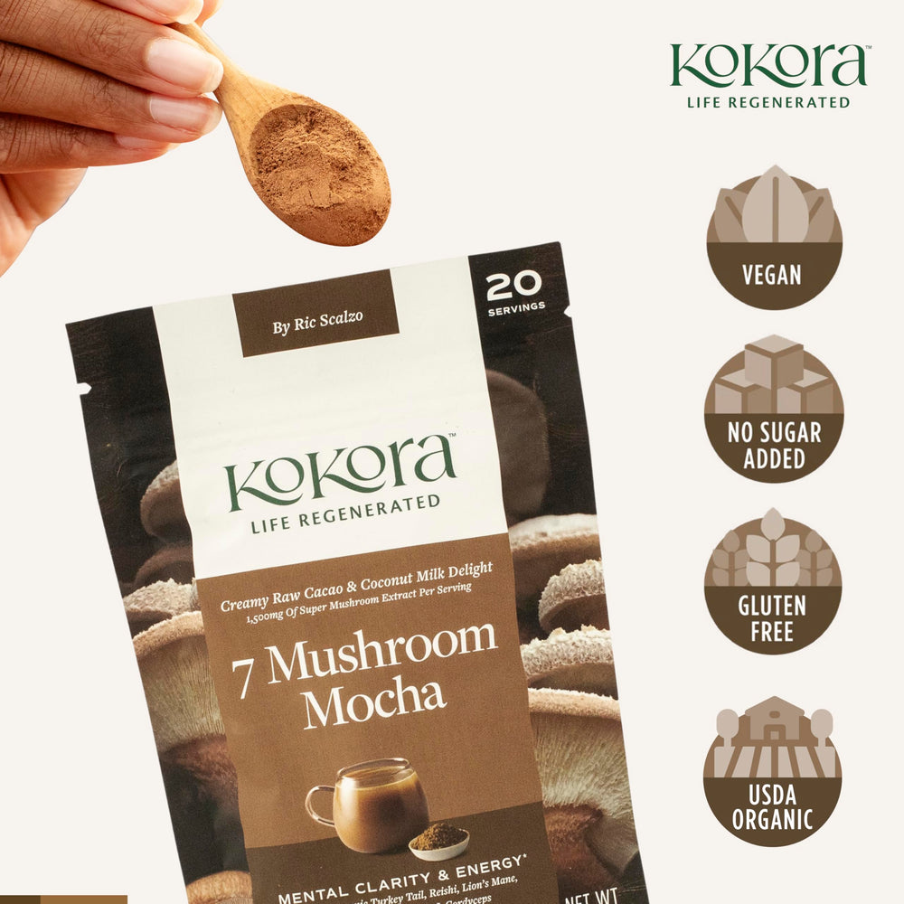 Kokora 7 Mushroom Mocha being stirred into water, dairy-free creamy energy.