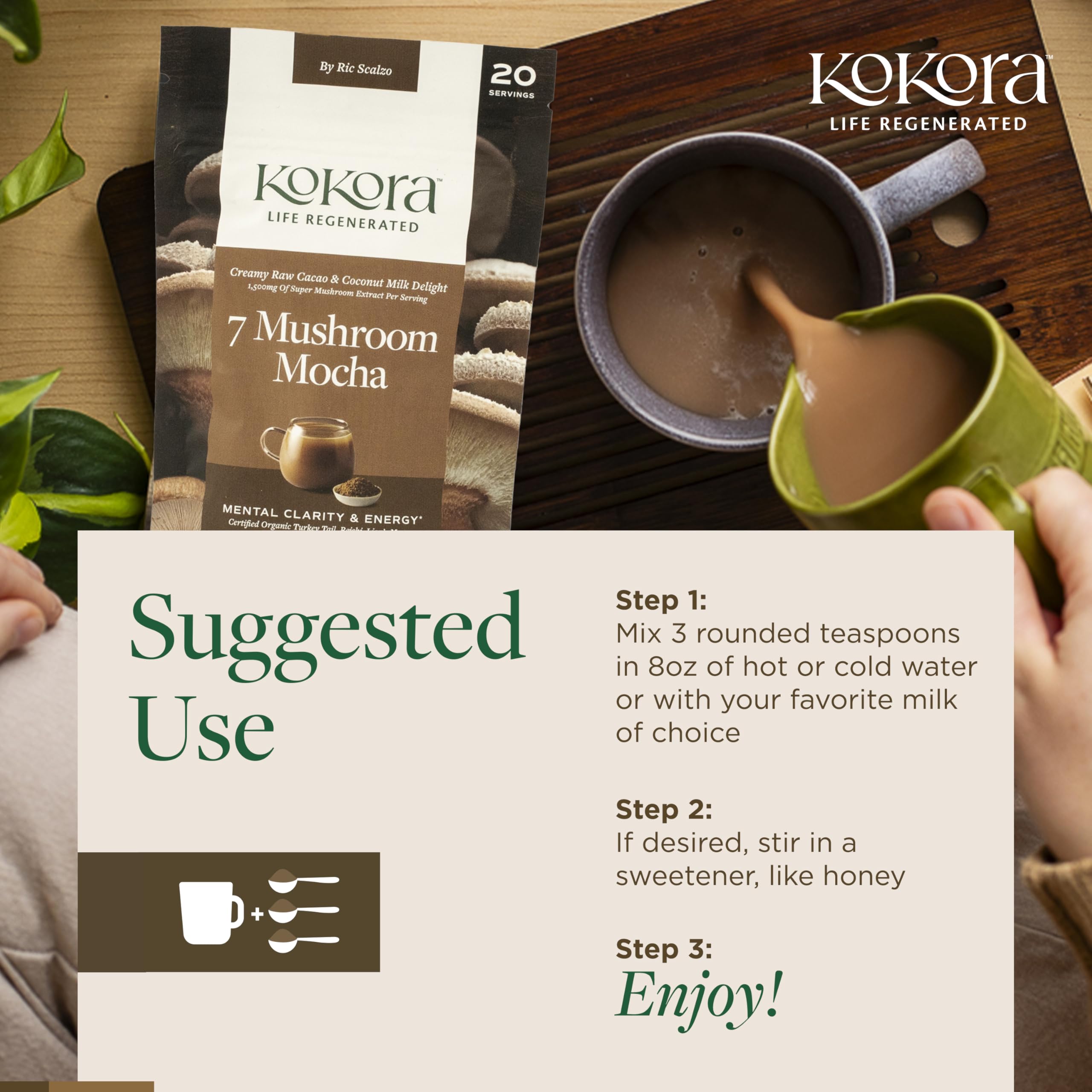 Kokora 7 Mushroom Mocha tin label close-up, highlights organic ingredients.