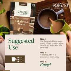 Kokora 7 Mushroom Mocha tin label close-up, highlights organic ingredients.