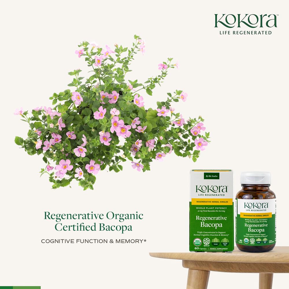 Close-up of Kokora Bacopa leaves highlighting potency and organic origins.