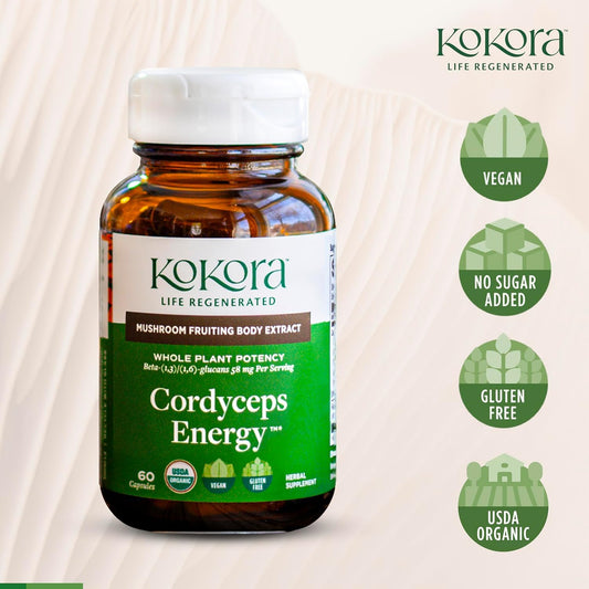 Kokora Cordyceps Energy capsules ready for easy daily intake.