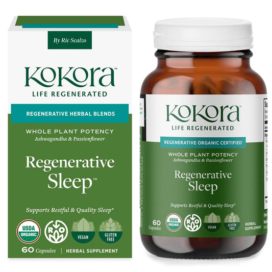 Kokora Regenerative Sleep bottle front view highlighting the adaptogen blend for restful nights
