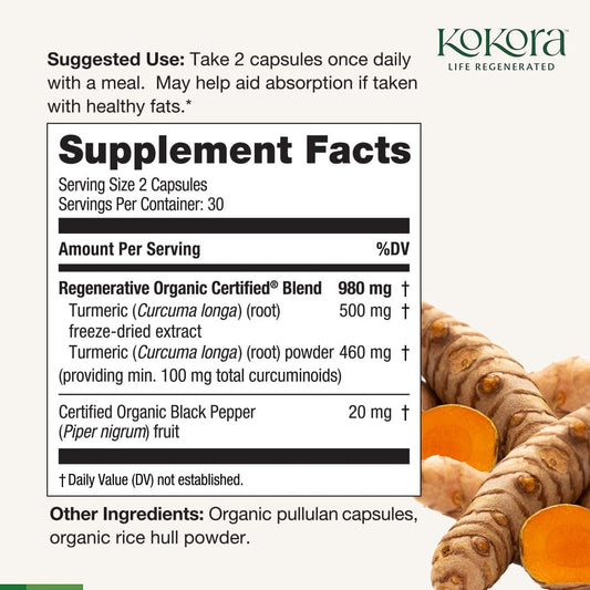 Kokora Regenerative Turmeric bottle label close-up highlighting potency and purity