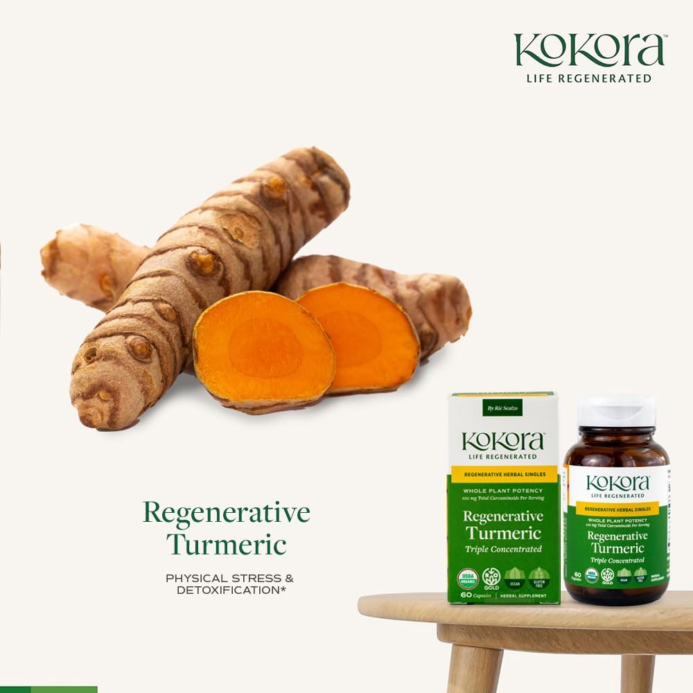Kokora Regenerative Turmeric root pieces shown as natural source of curcuminoids