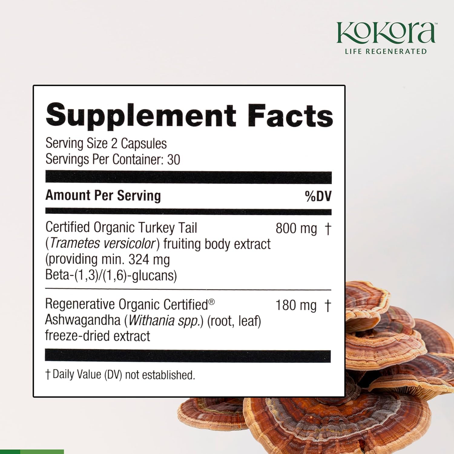 Kokora Turkey Tail Immune capsules close-up, vegan and non-GMO.