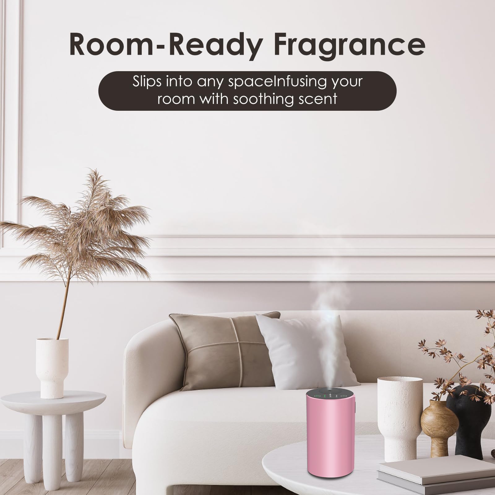 KONCHILE pink diffuser in desk setup with ambient lighting.