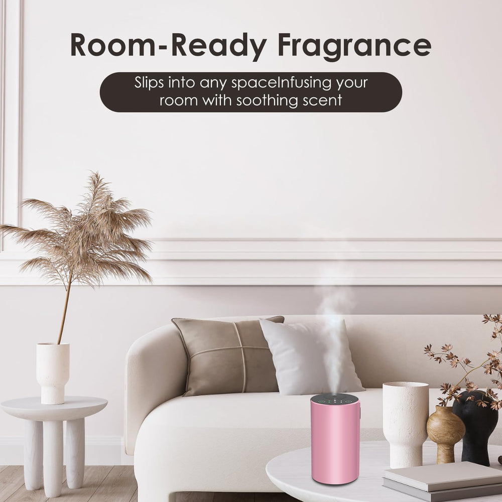 KONCHILE pink diffuser in desk setup with ambient lighting.