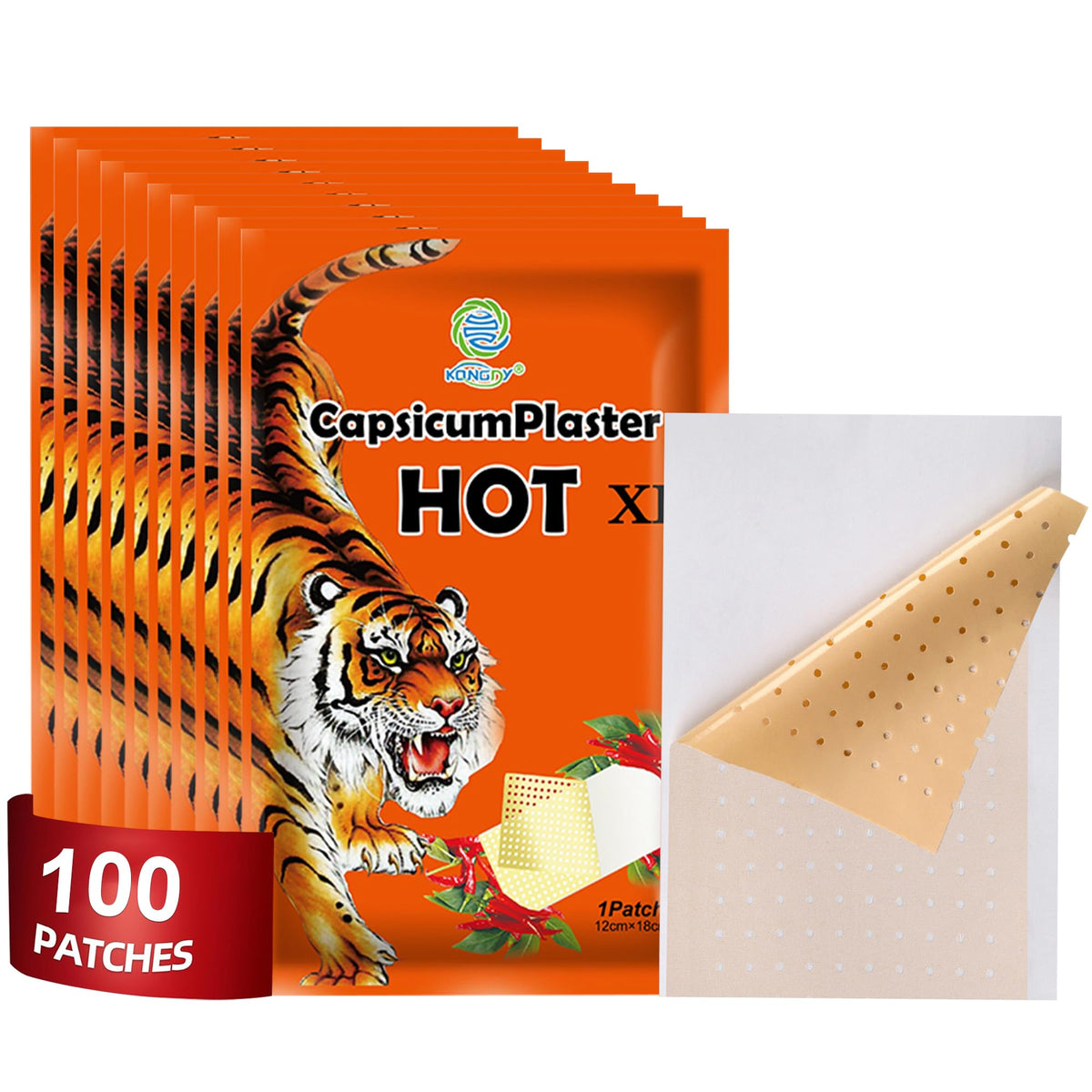 KONGDY tiger patch packaging showing convenient 100-pack design for on-the-go use.