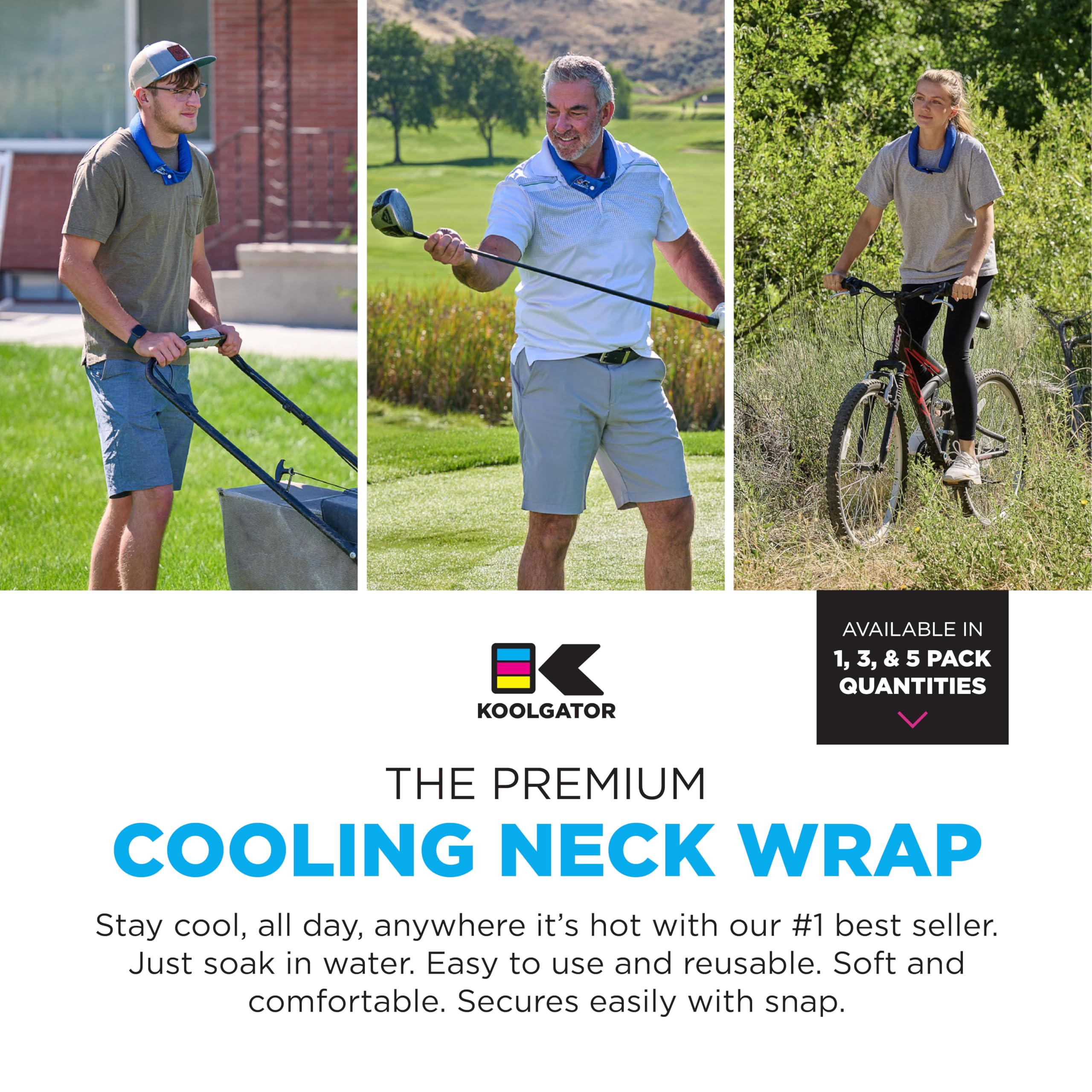 Koolgator soak-activation steps demonstrate quick setup for refreshing neck cooling