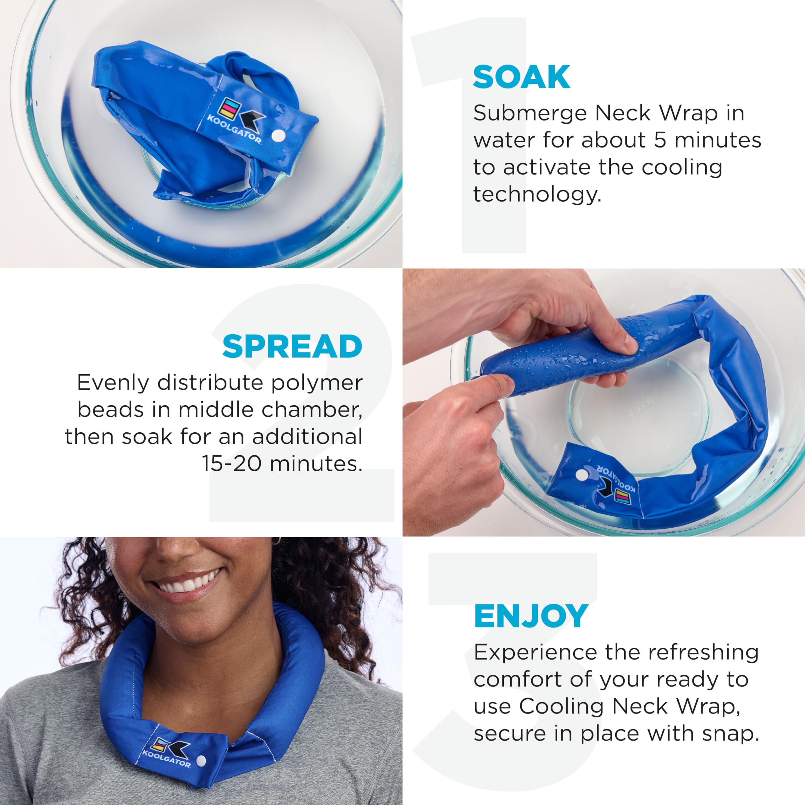 KOOLGATOR neck wrap water-activated cooling without freezing for flexible use.
