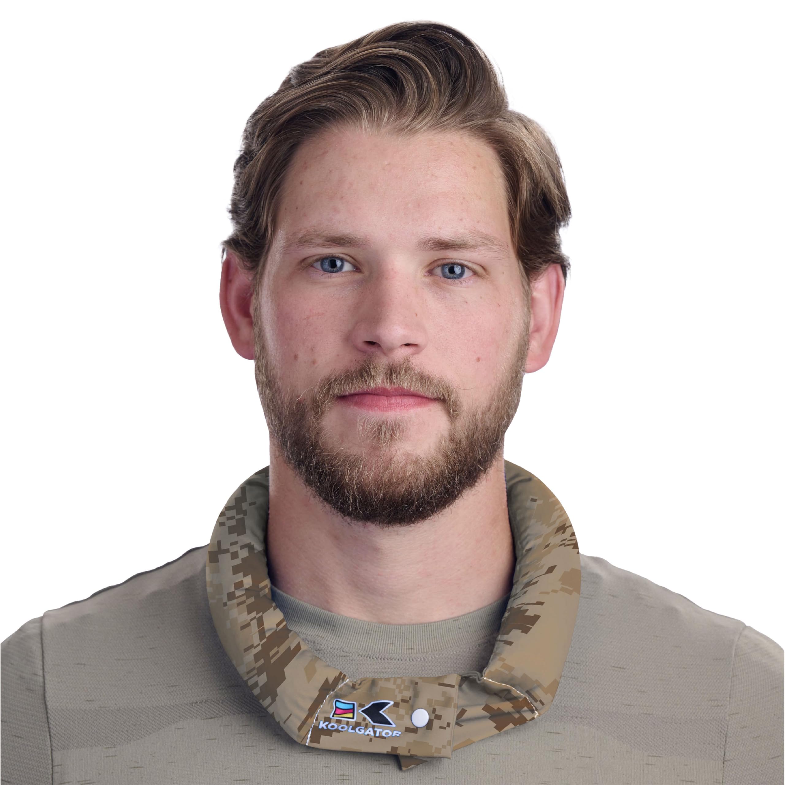 KOOLGATOR evaporative neck wrap activation process for cooling relief.