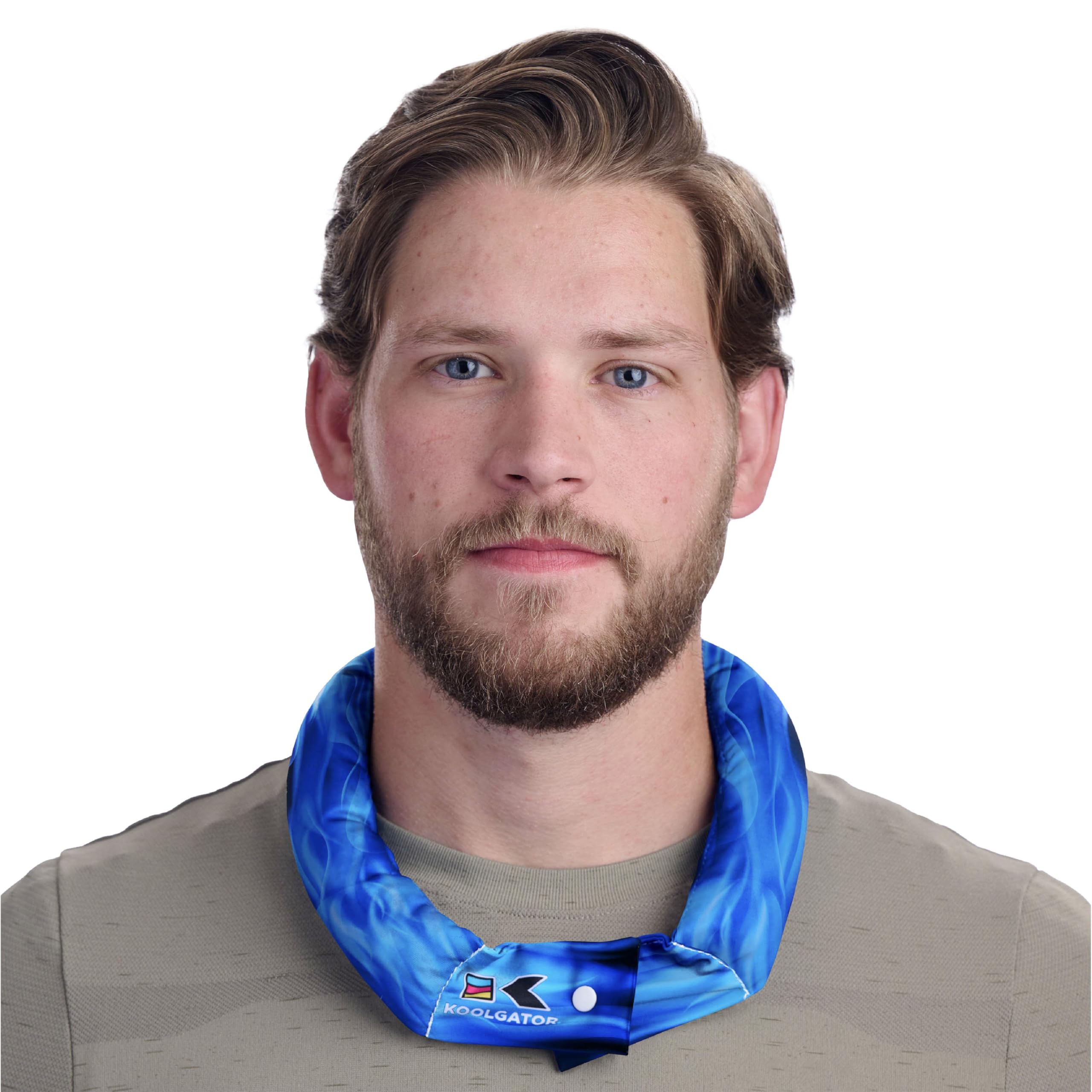 Koolgator evaporative neck wrap in blue pack for long-lasting cooling during outdoor activity.