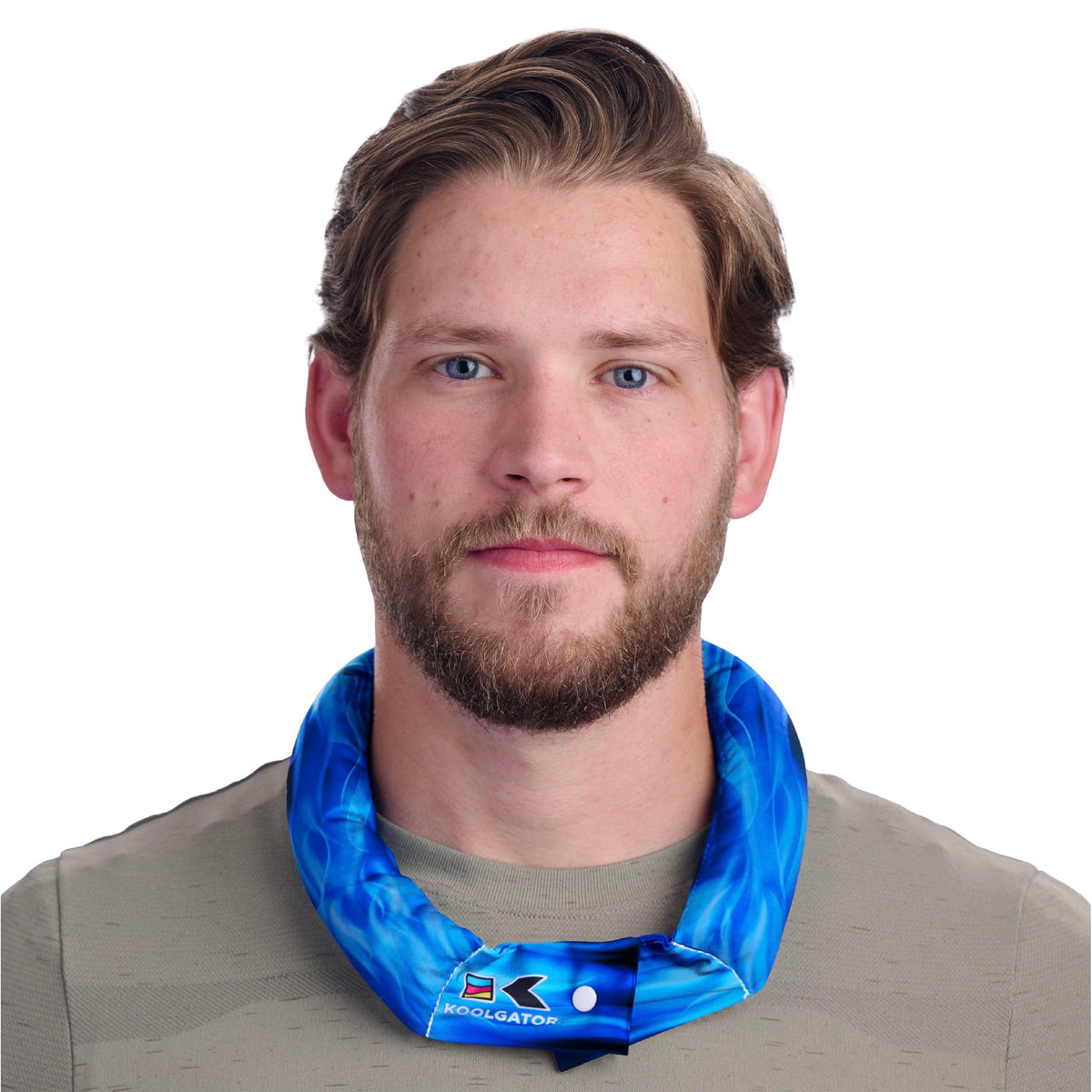 Koolgator evaporative neck wrap in blue pack for long-lasting cooling during outdoor activity.
